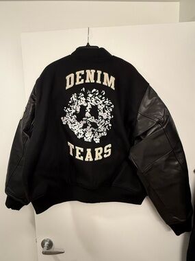 Denim Tears Peace Wreath Black Varsity Bomber Jacket Men’s Size XL Wool& Leather